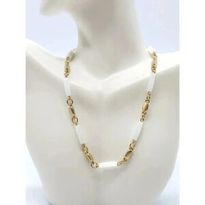 TRIFARI White Lucite Plastic Dainty Gold Tone Bead Beaded Necklace Mid Century